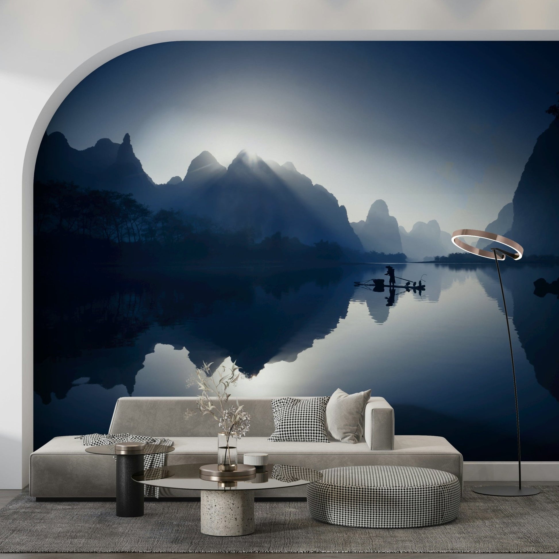 Detailed mist and mountain wallpaper for a contemporary feature wall.