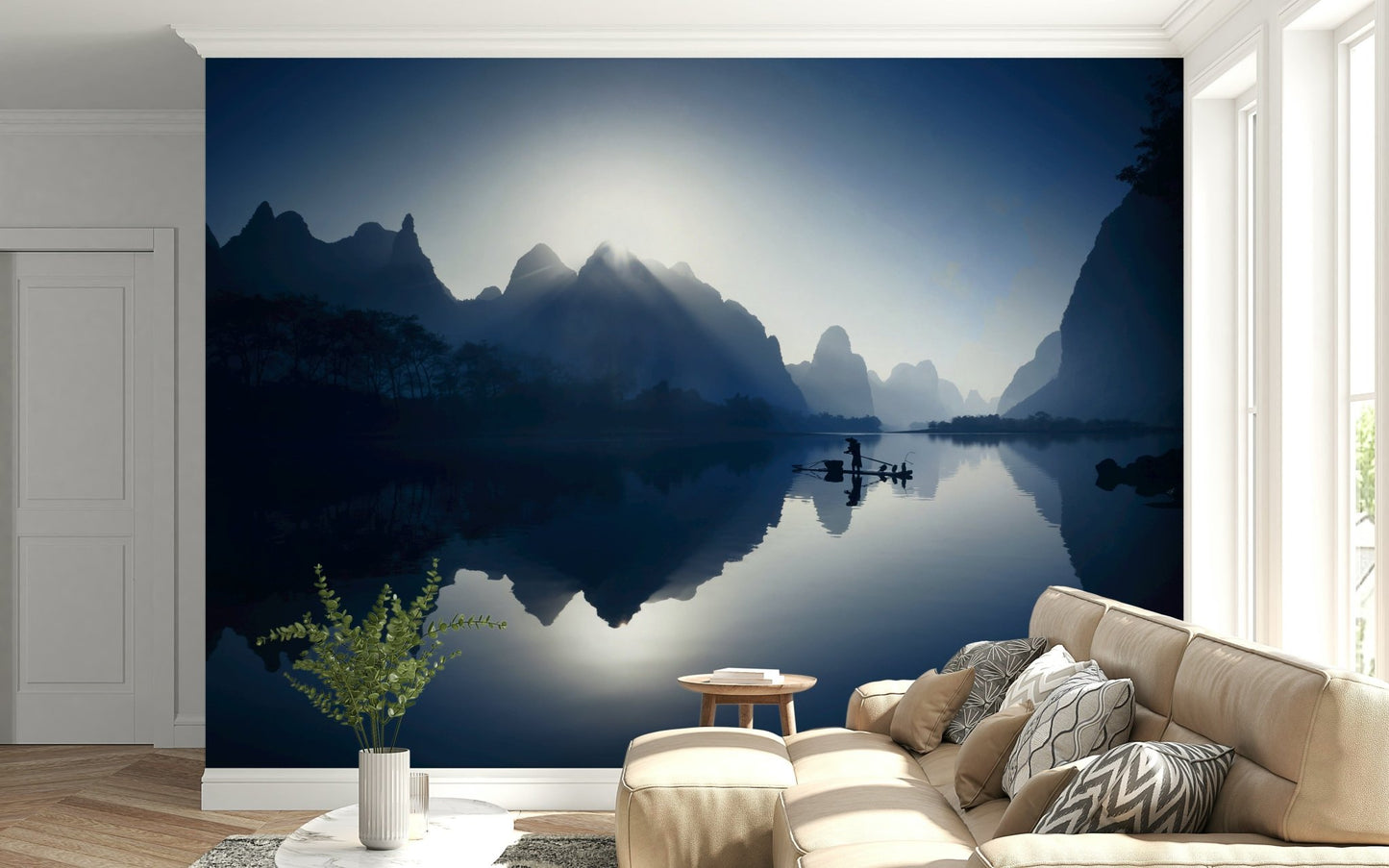Nature inspired wall mural with water views for a serene interior.