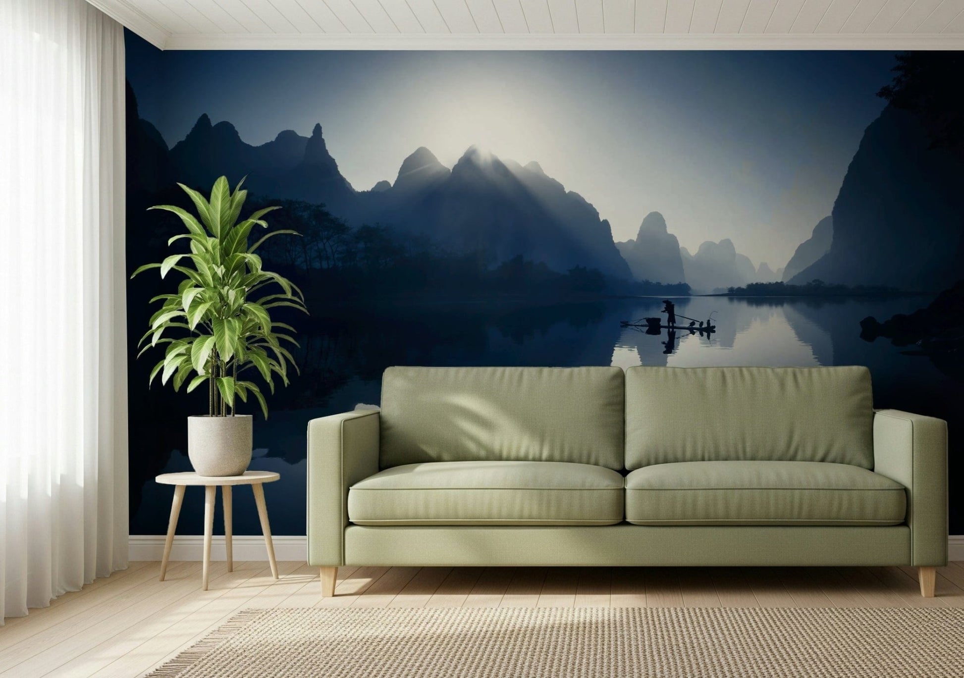 Misty mountain landscape wall mural for a calm bedroom interior.