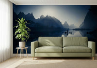 Misty mountain landscape wall mural for a calm bedroom interior.