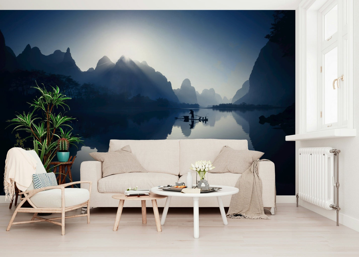 Artistic river and peak wall mural for a relaxing lounge atmosphere.