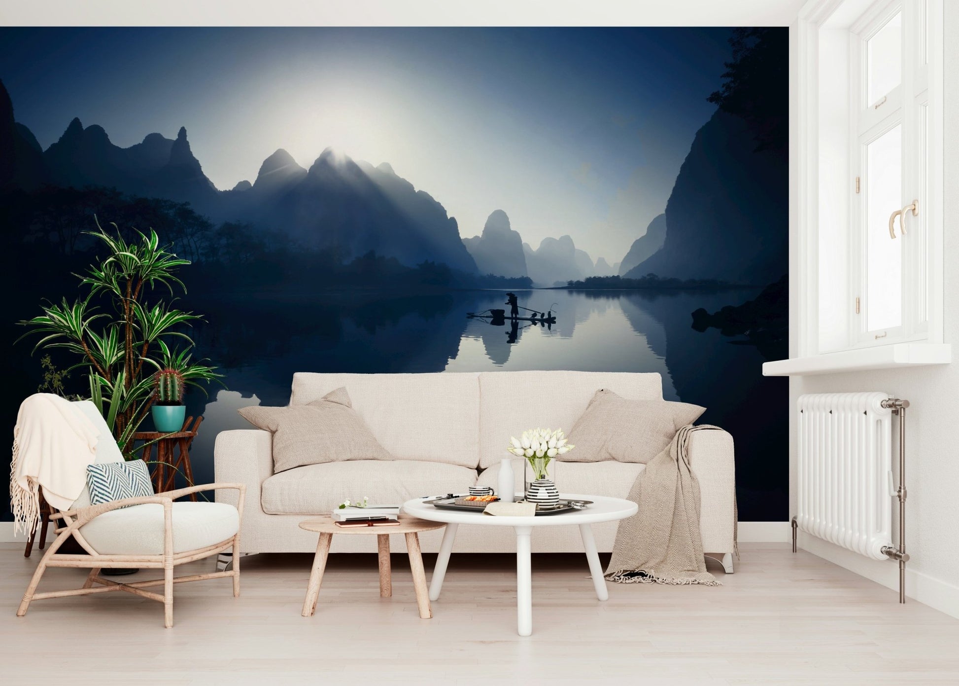 Artistic river and peak wall mural for a relaxing lounge atmosphere.