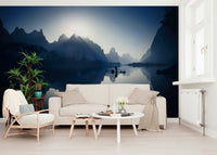 Artistic river and peak wall mural for a relaxing lounge atmosphere.