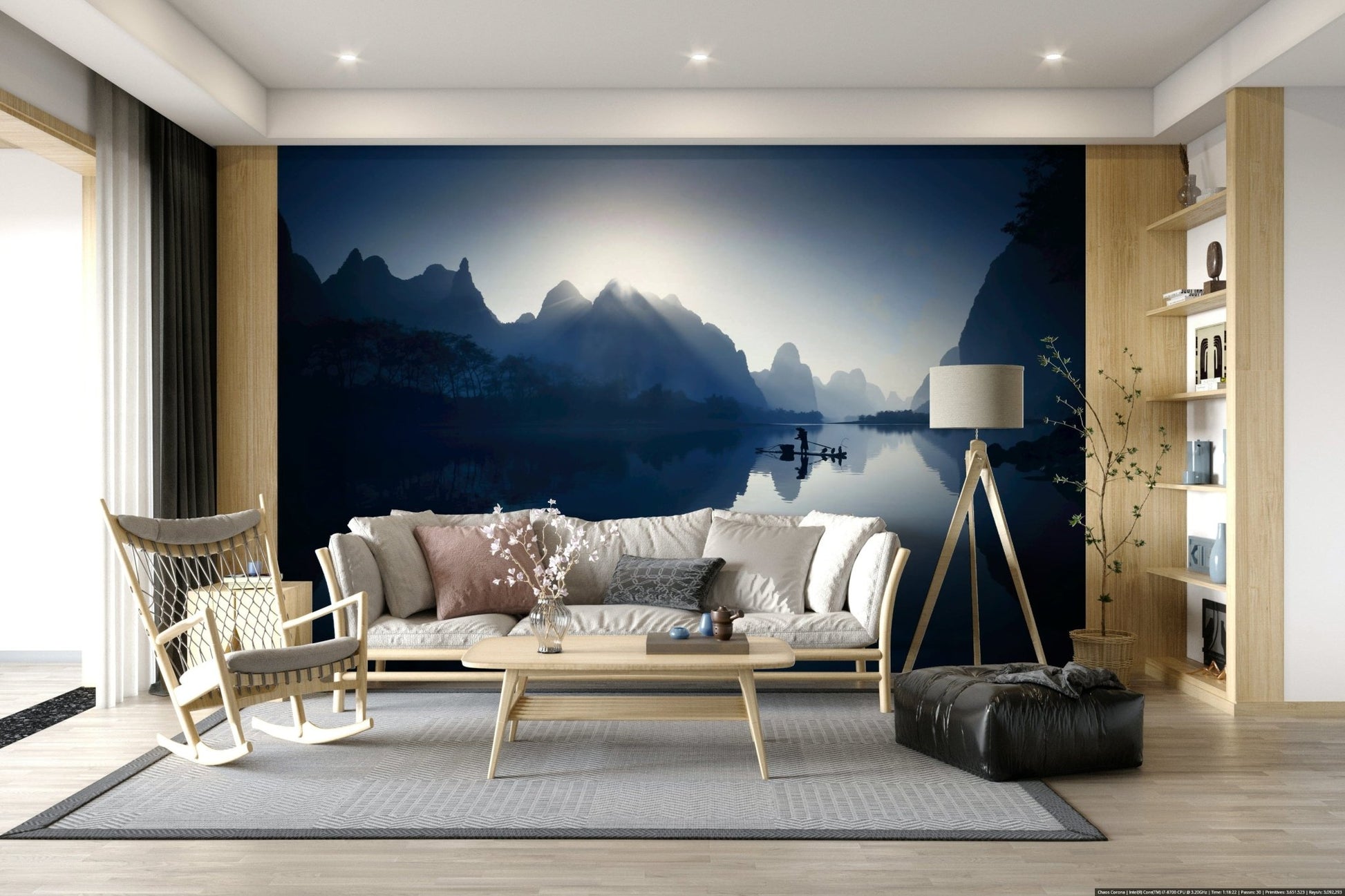 Serene Dawn: Yangshuo's Whisper Wall Mural as a hallway accent wallpaper.