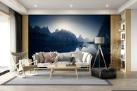 Serene Dawn: Yangshuo's Whisper Wall Mural as a hallway accent wallpaper.
