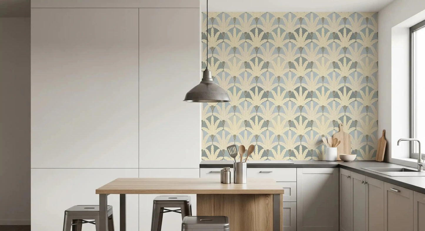 Soft beige and blue tones in Serene Deco Foliage wallpaper, GD9219