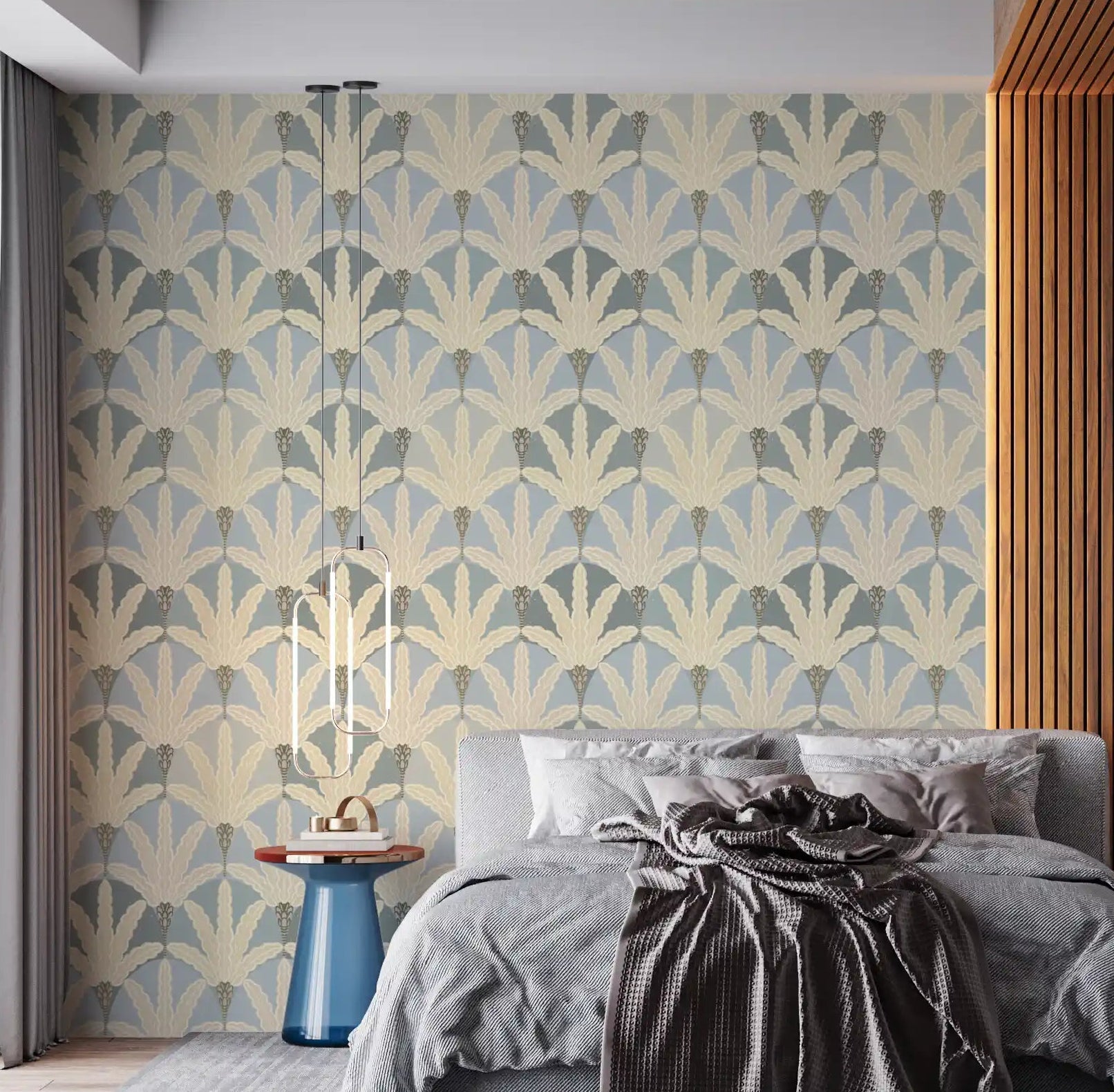 Bedroom shows Serene Deco Foliage wallpaper with soft neutral tones, GD9219