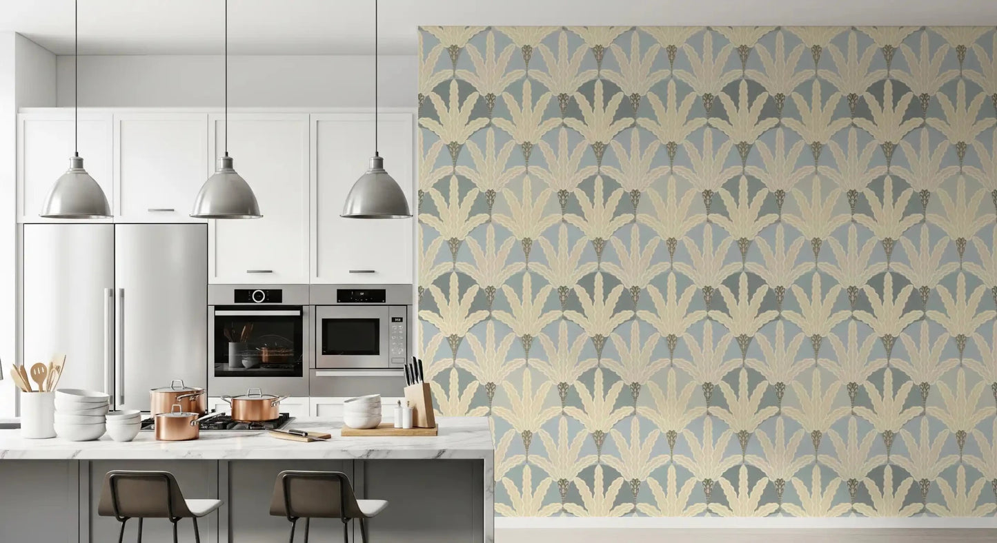 Kitchen room features Serene Deco Foliage wallpaper decorative pattern, GD9219