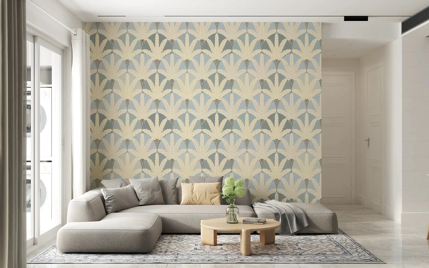 Stylized leaf shapes form Serene Deco Foliage wallpaper pattern, GD9219