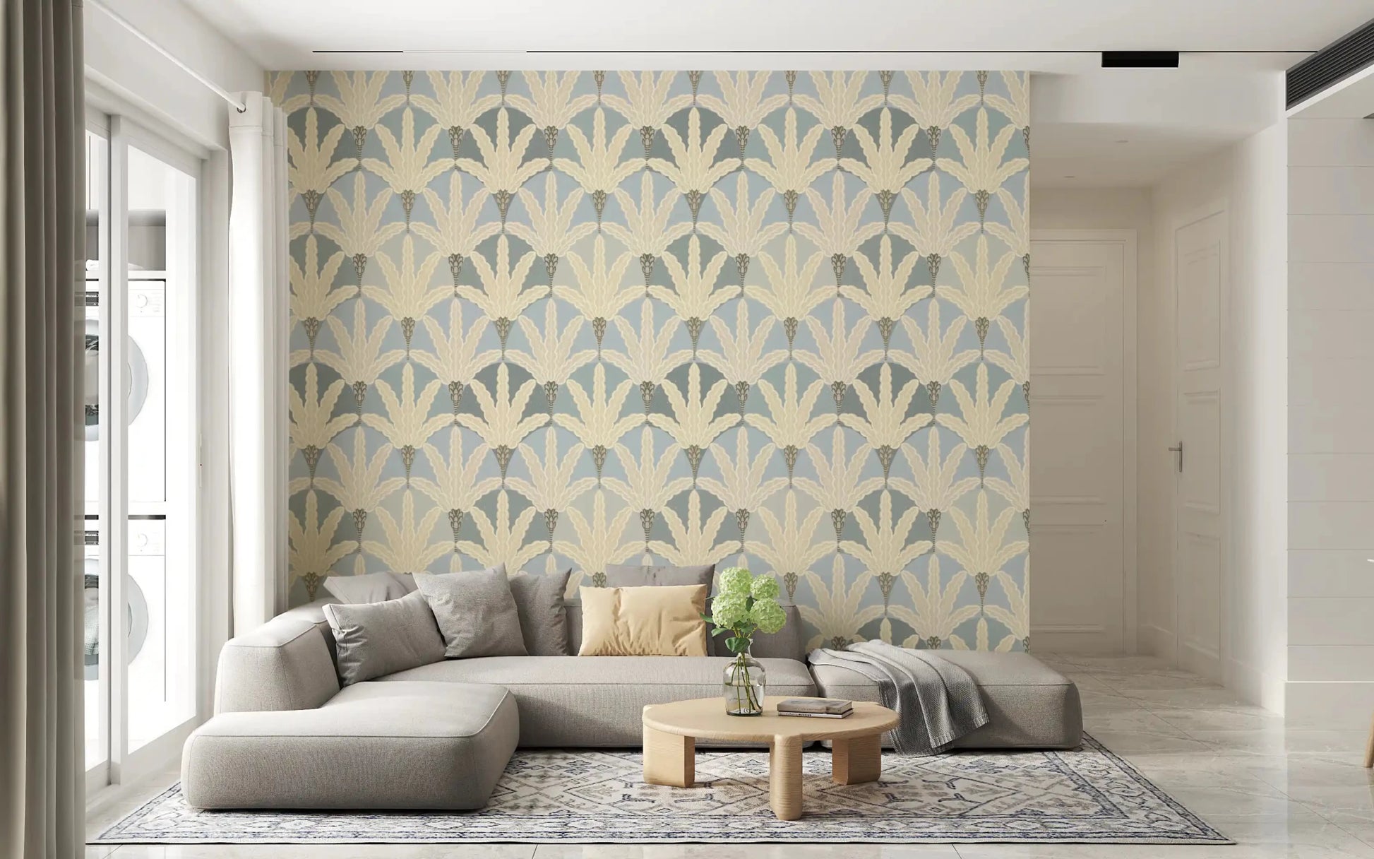 Stylized leaf shapes form Serene Deco Foliage wallpaper pattern, GD9219