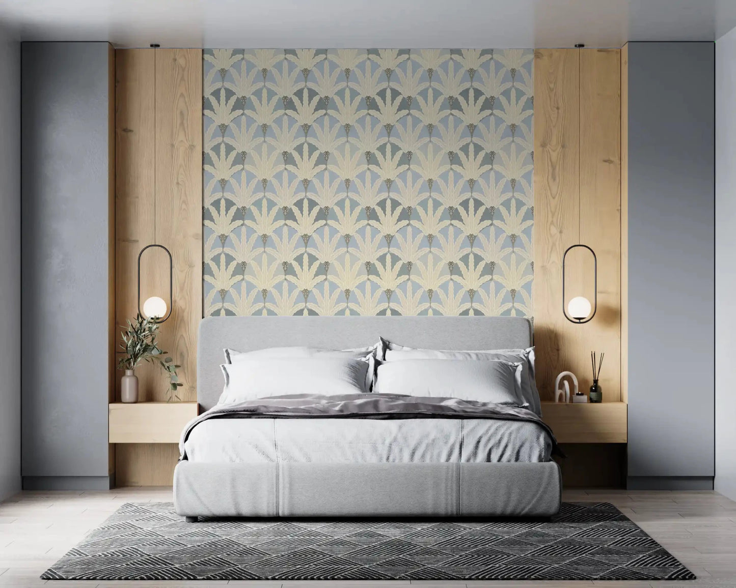 Bedroom styled using Serene Deco Foliage wallpaper geometric leaves, GD9219