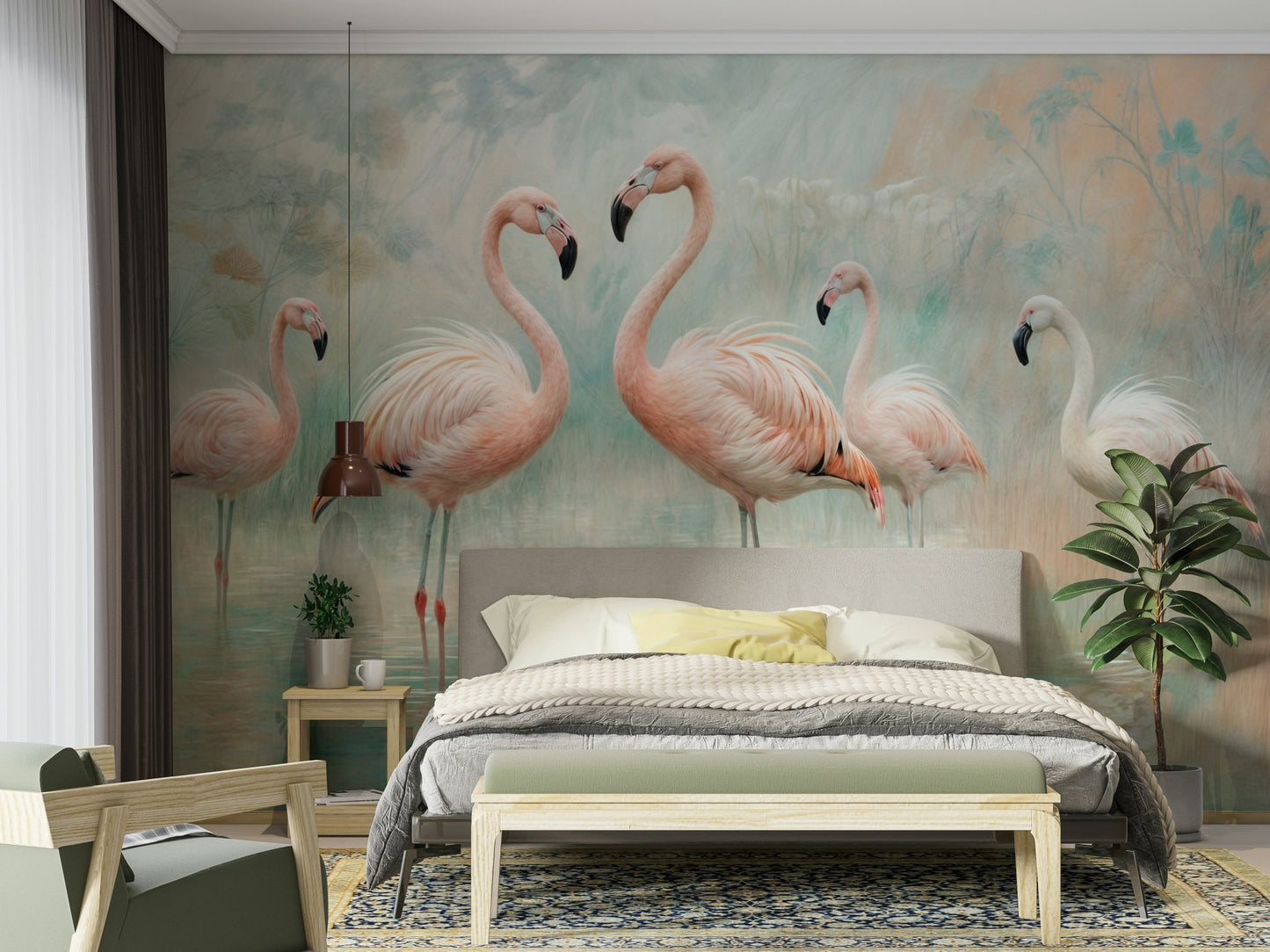 Serene flamingo birds in soft waters

