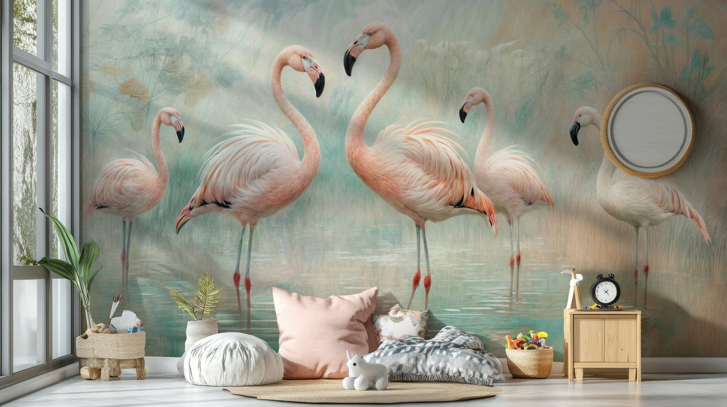 Flamingos in soft scenic background

