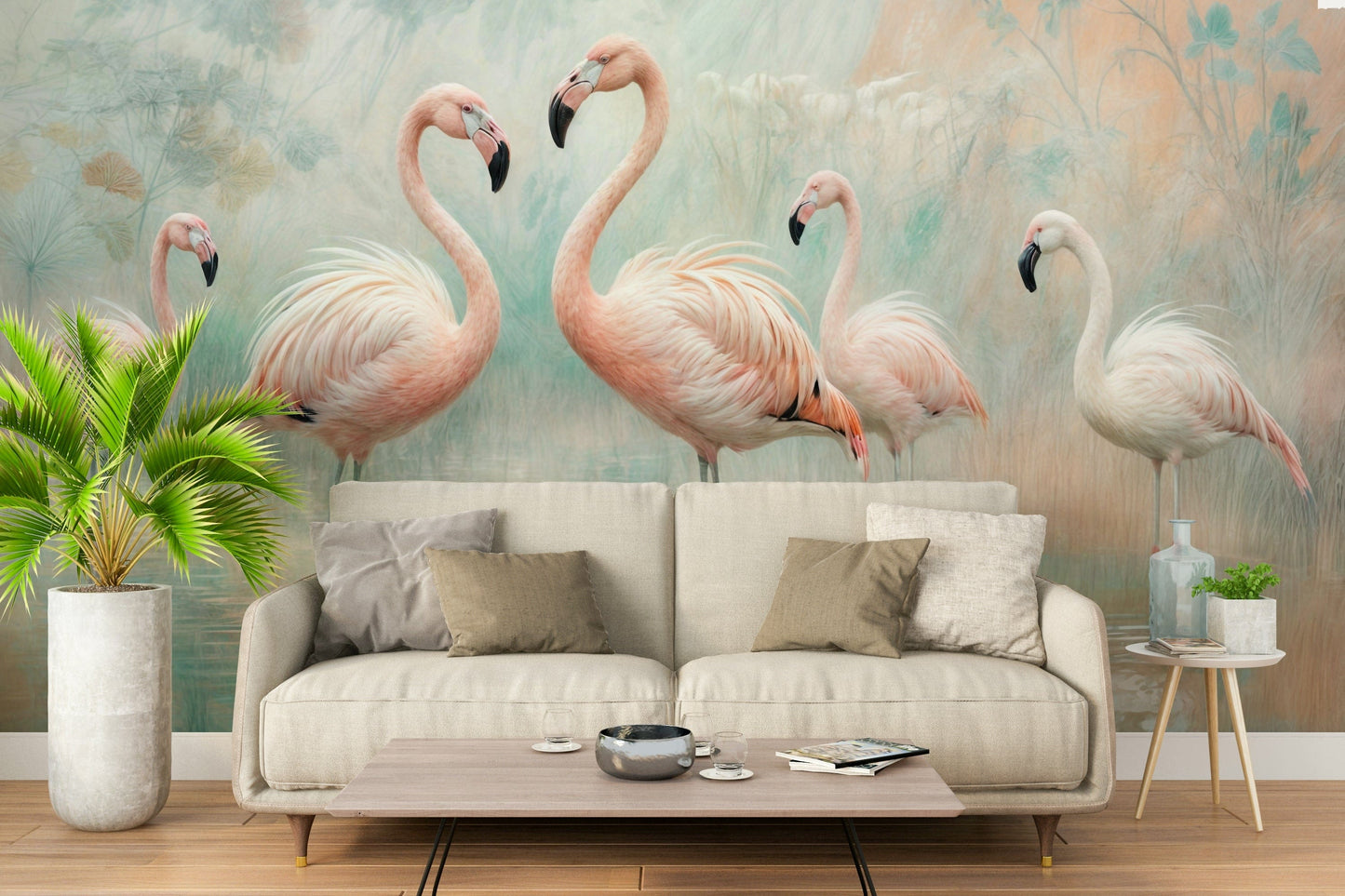 Pastel flamingo wallpaper mural view

