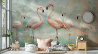 Flamingos in soft scenic background

