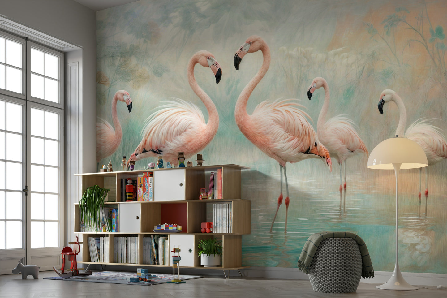 Pink flamingos wading in lagoon scene