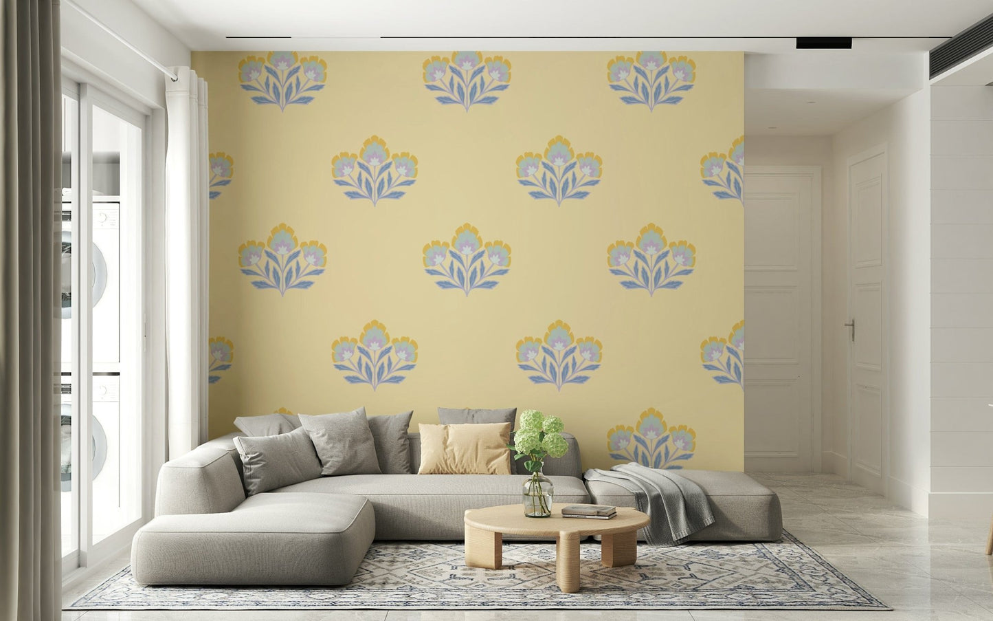 Serene Flora harmonious decor mural, elegant gold and blue tones.