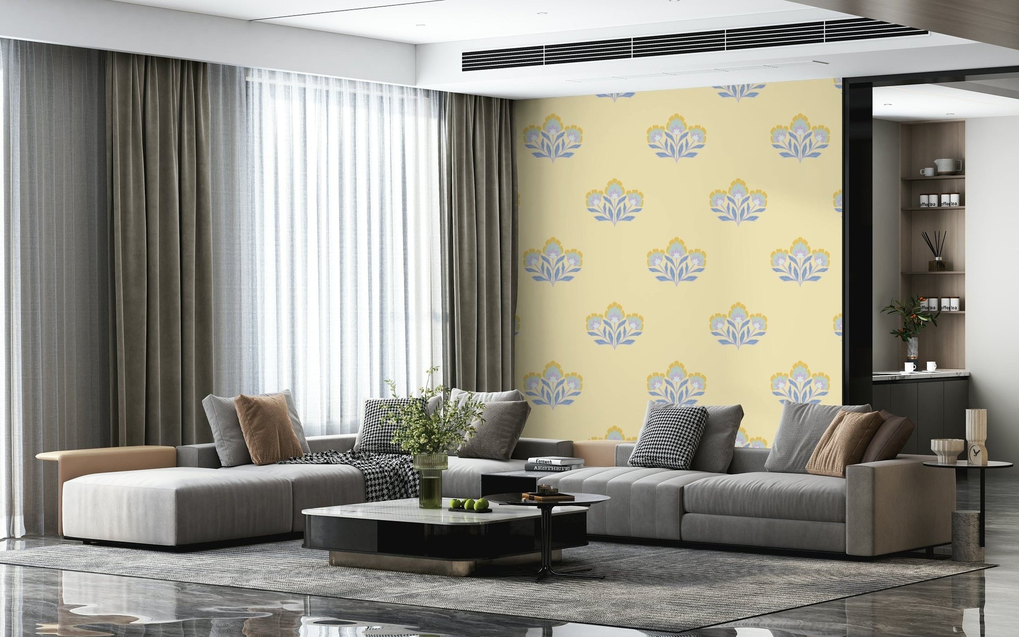 Serene Flora peaceful botanical wall mural, light purple and gold motif., GD6853