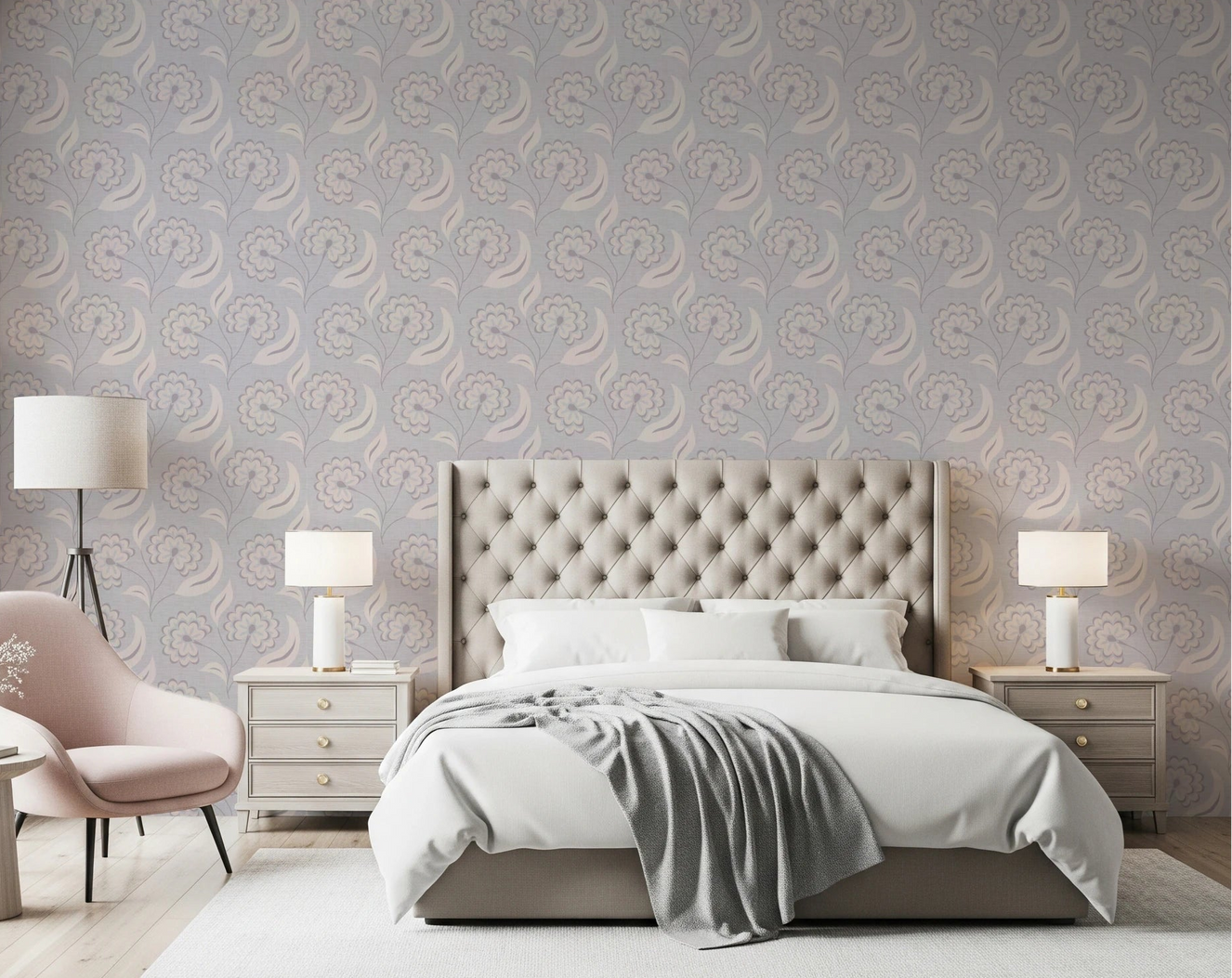Bedroom setup with Serene Floral Beige Wallpaper behind a tufted bed and side tables