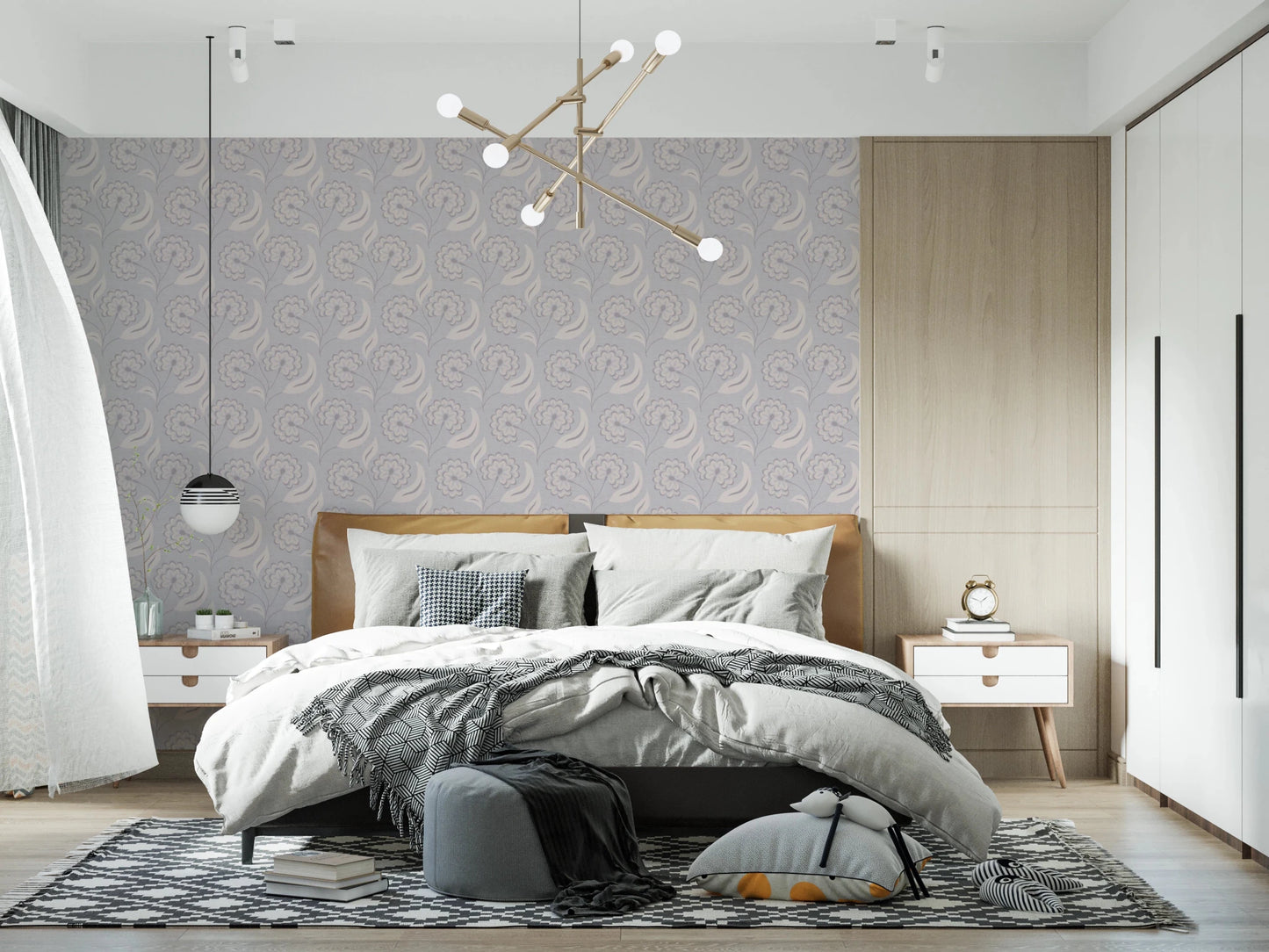 Modern sleeping area styled with Serene Floral Beige Wallpaper and layered bedding