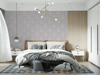 Modern sleeping area styled with Serene Floral Beige Wallpaper and layered bedding