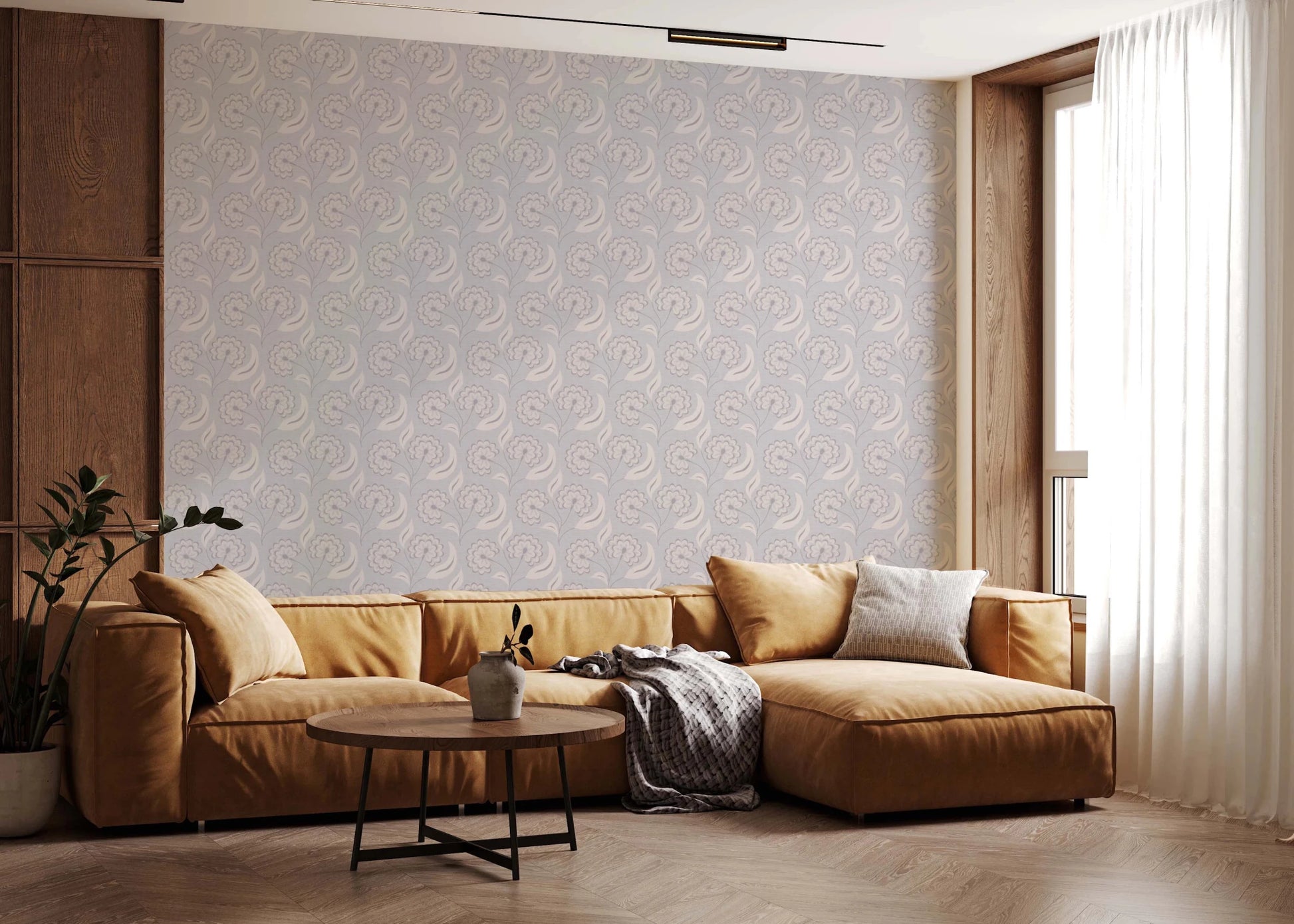 Relaxed living  view where Serene Floral Beige Wallpaper meets soft daylight