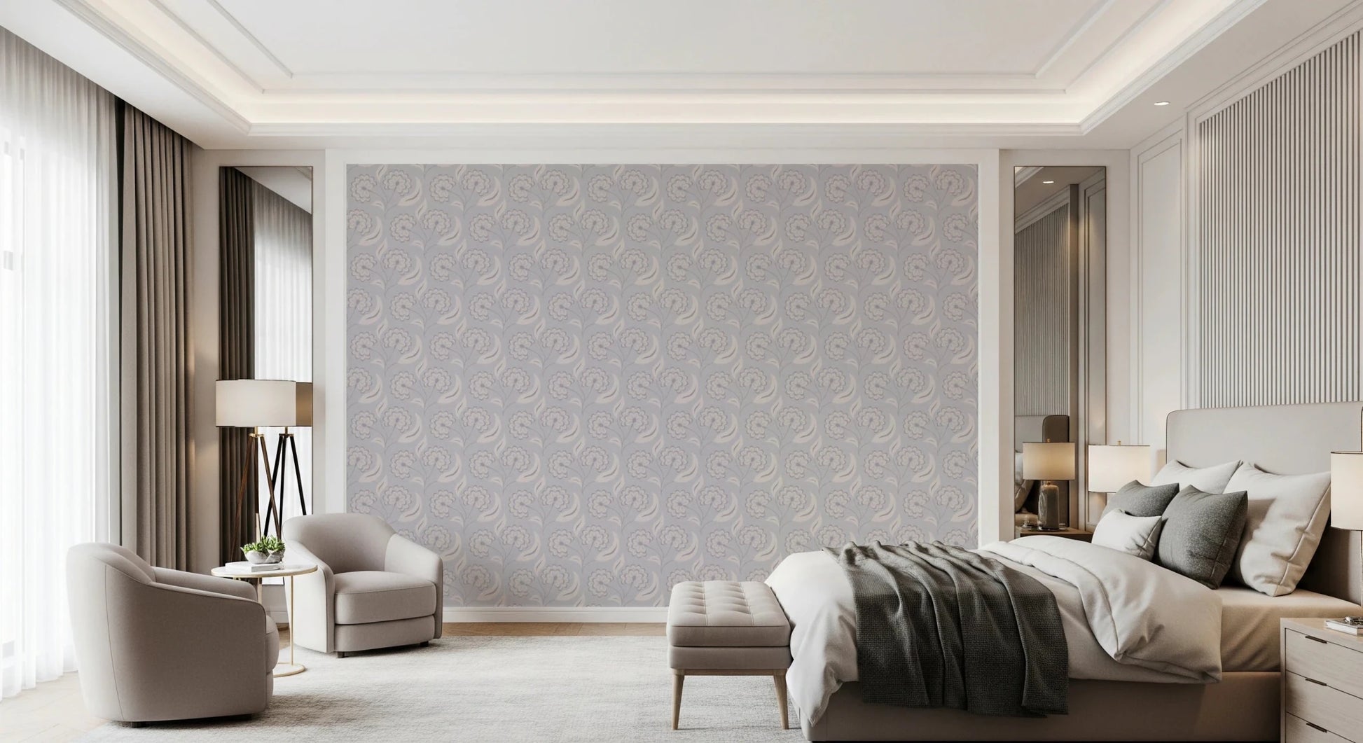 Soft-toned bedroom interior where Serene Floral Beige Wallpaper fills the backdrop