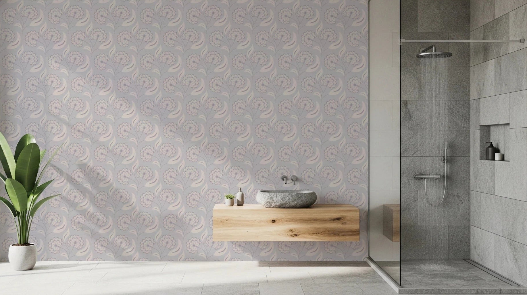 Bathroom setting where Serene Floral Beige Wallpaper continues