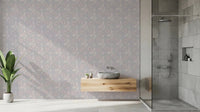 Bathroom setting where Serene Floral Beige Wallpaper continues
