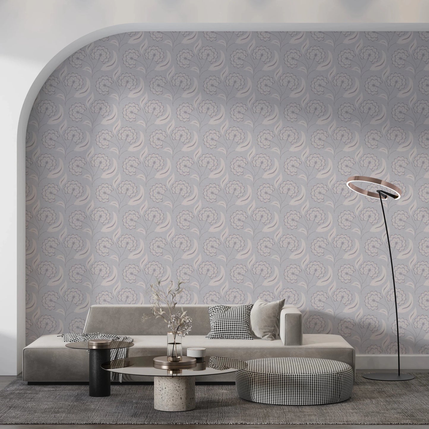 Cozy living corner enhanced by Serene Floral Beige Wallpaper and neutral décor
