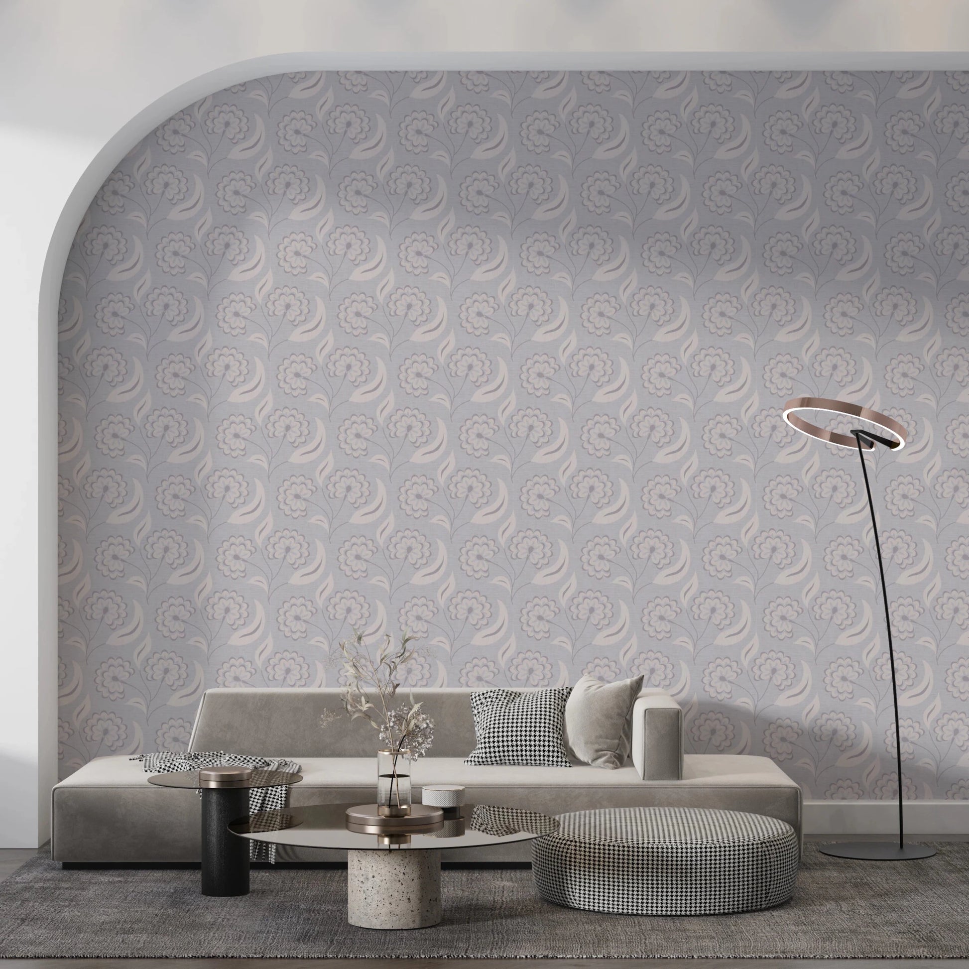 Cozy living corner enhanced by Serene Floral Beige Wallpaper and neutral décor