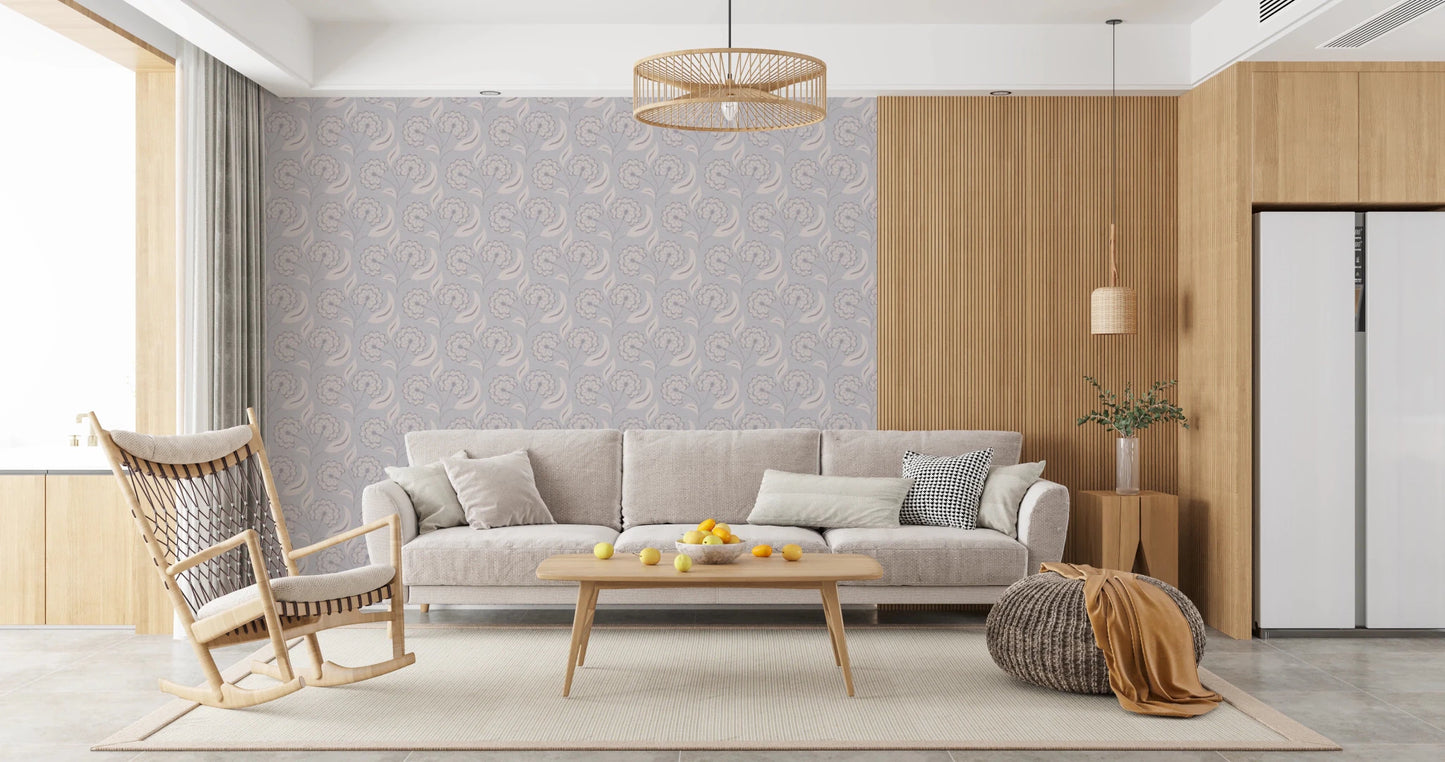 Spacious sitting area styled against Serene Floral Beige Wallpaper and wood accents