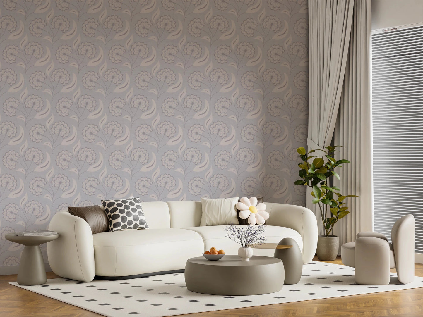 Open lounge layout where Serene Floral Beige Wallpaper blends with warm lighting