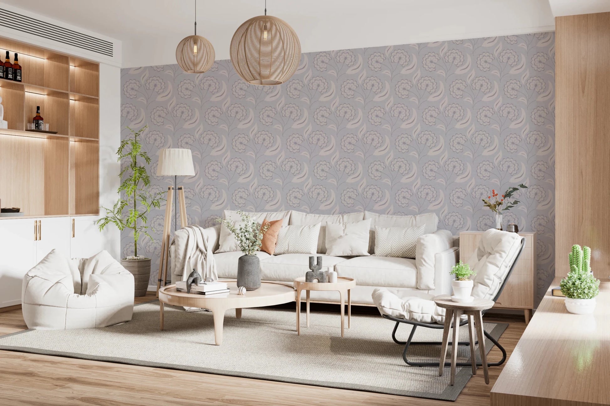 Arched niche featuring Serene Floral Beige Wallpaper with minimal seating