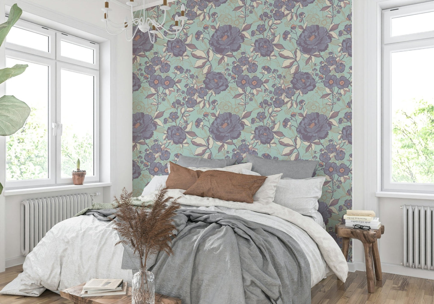 Floral wallpaper for a serene living room.

