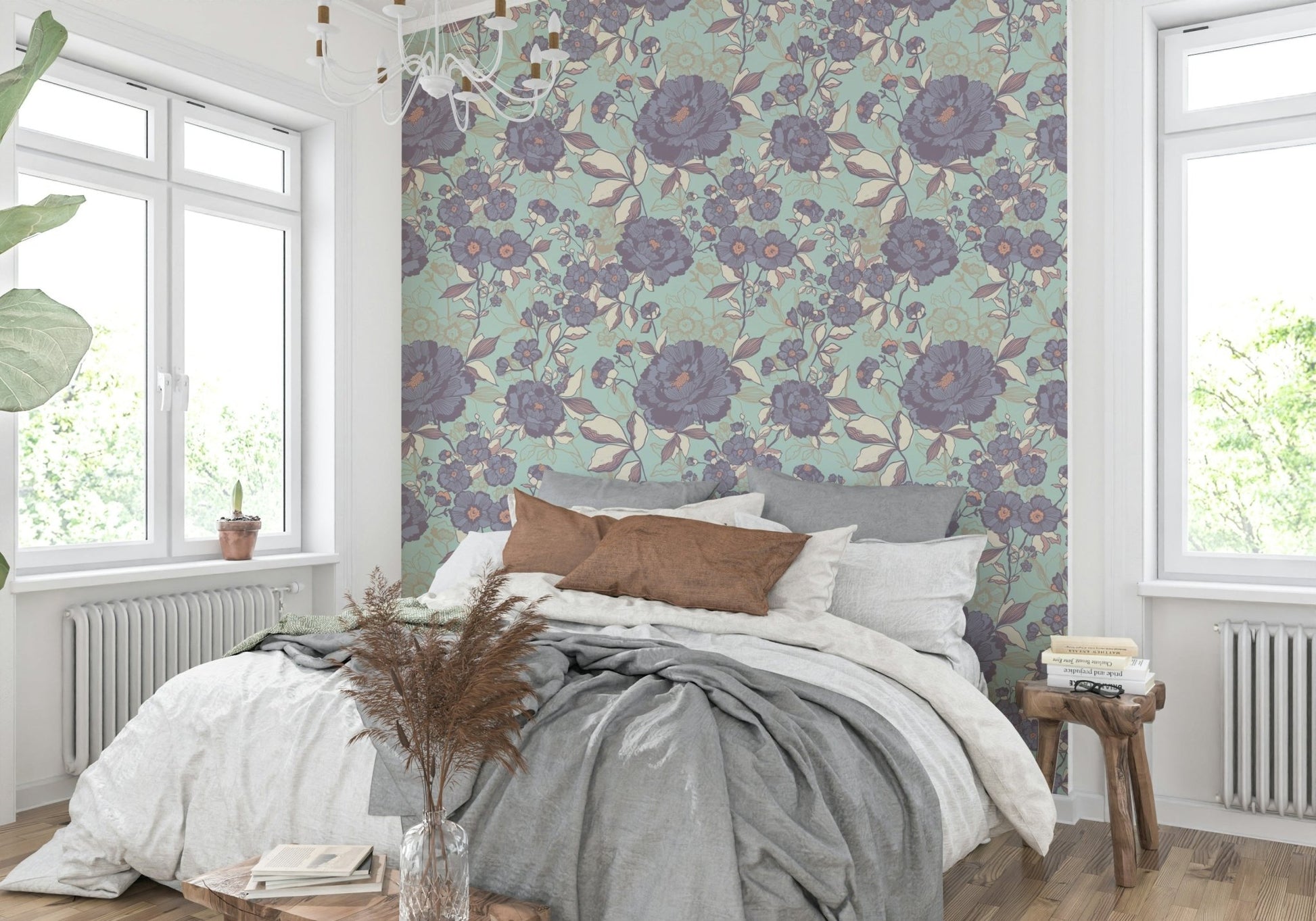 Floral wallpaper for a serene living room.

