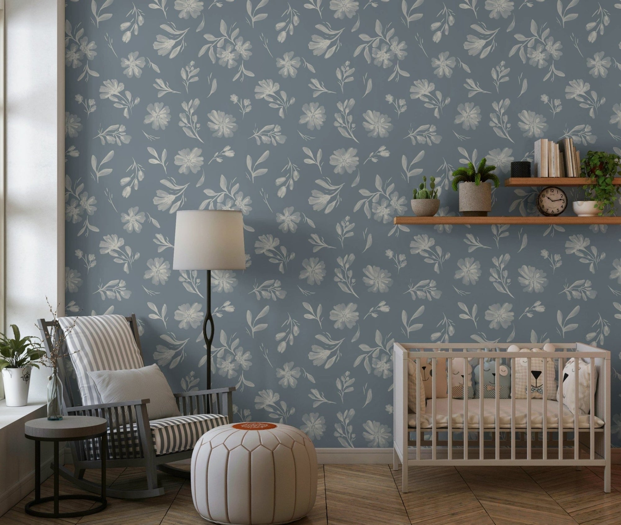 Serene Florals wallpaper showing cream blooms on a muted grey ground GD7422
