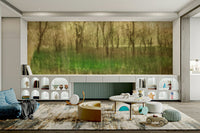 The wall mural is installed on a living room feature wall.

