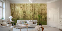 A photo-realistic wall mural of a serene forest landscape.

