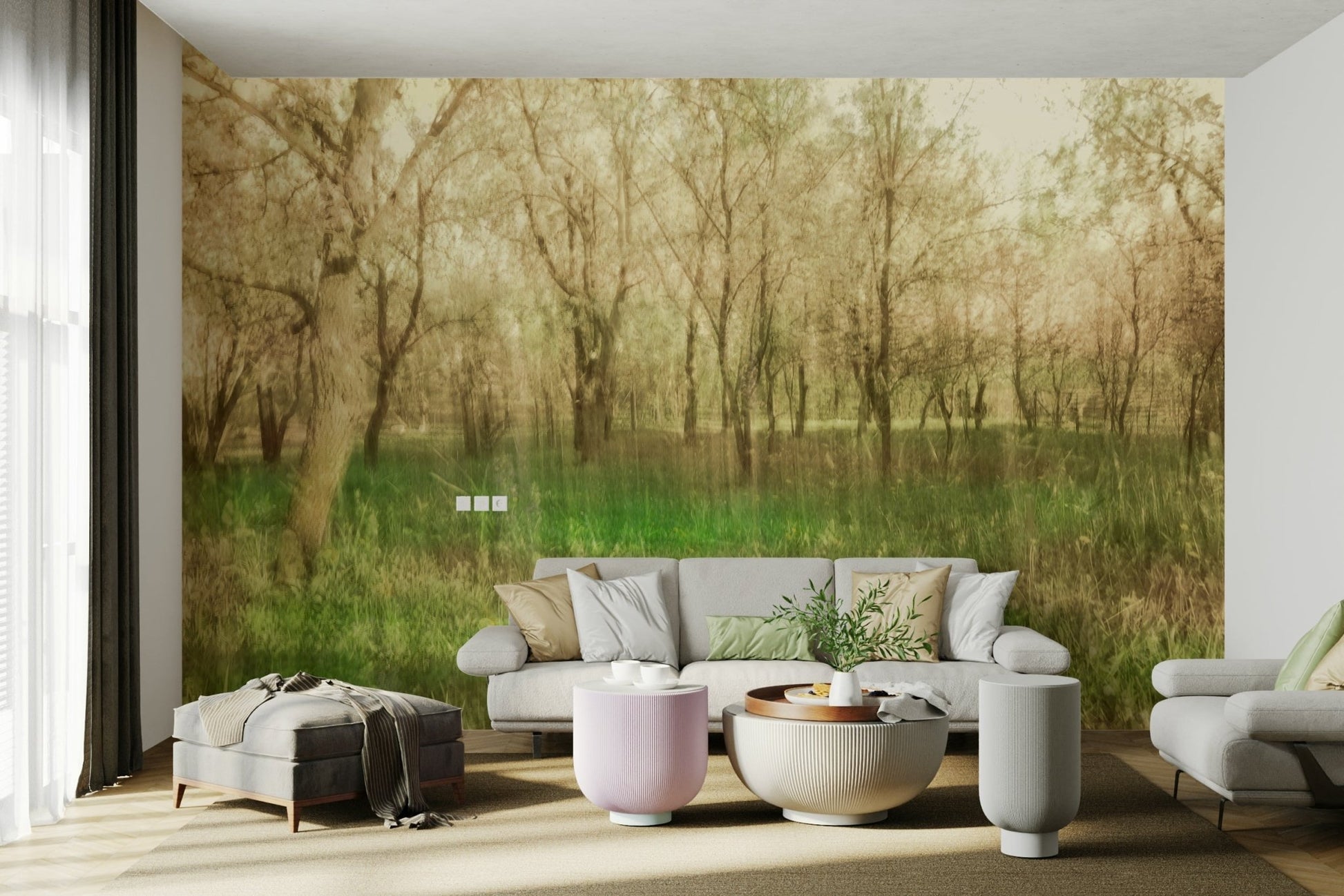 Soft light filters through the tree canopy, creating a peaceful glow.

