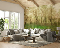 The image shows tall green trees and a path in a tranquil setting.

