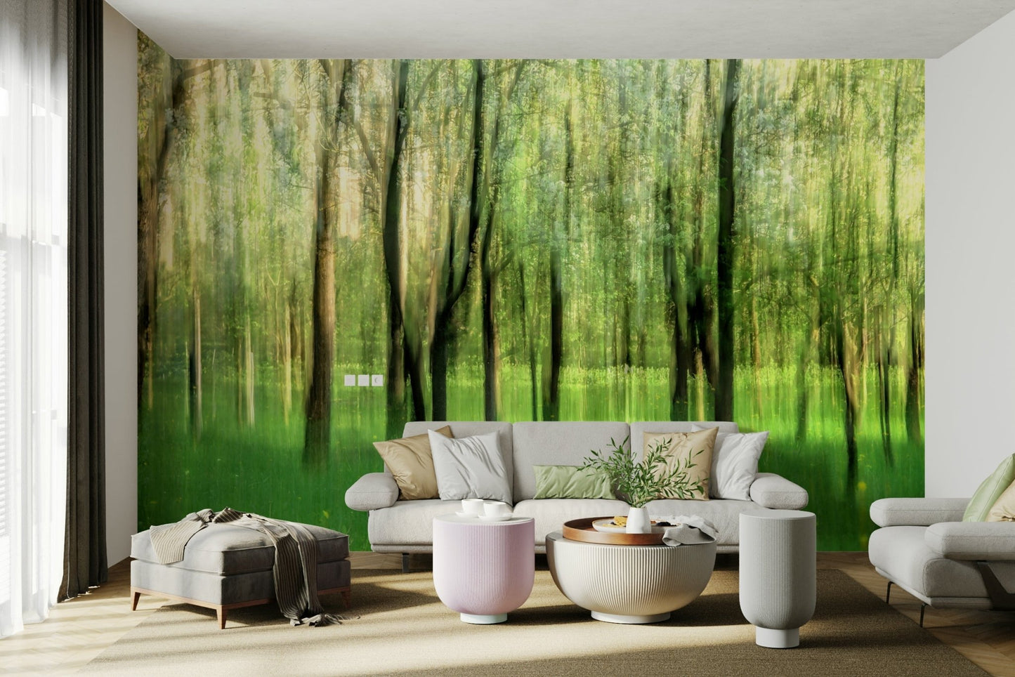 A close-up view of the gentle, blending green colors of the abstract landscape.

