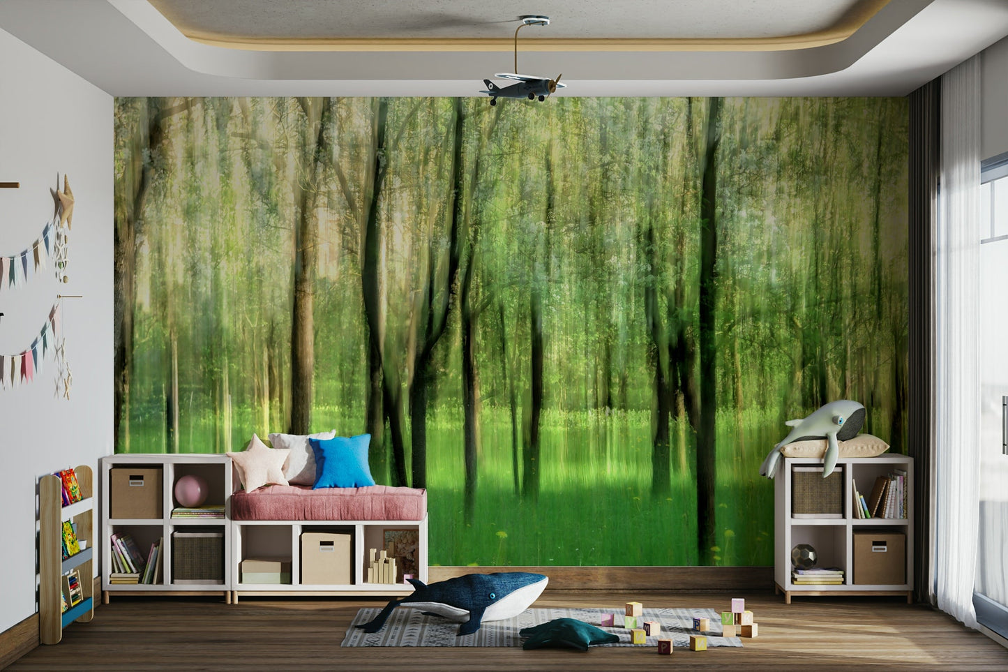 The blurry shapes suggest tree trunks and leaves in a quiet forest.

