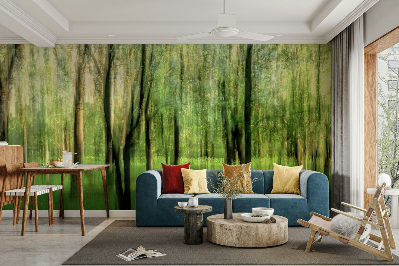 An abstract wall mural of a blurred, serene forest scene.


