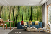 An abstract wall mural of a blurred, serene forest scene.

