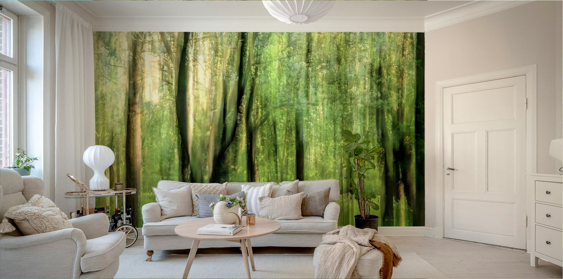 The wall mural is the main feature on a living room wall.

