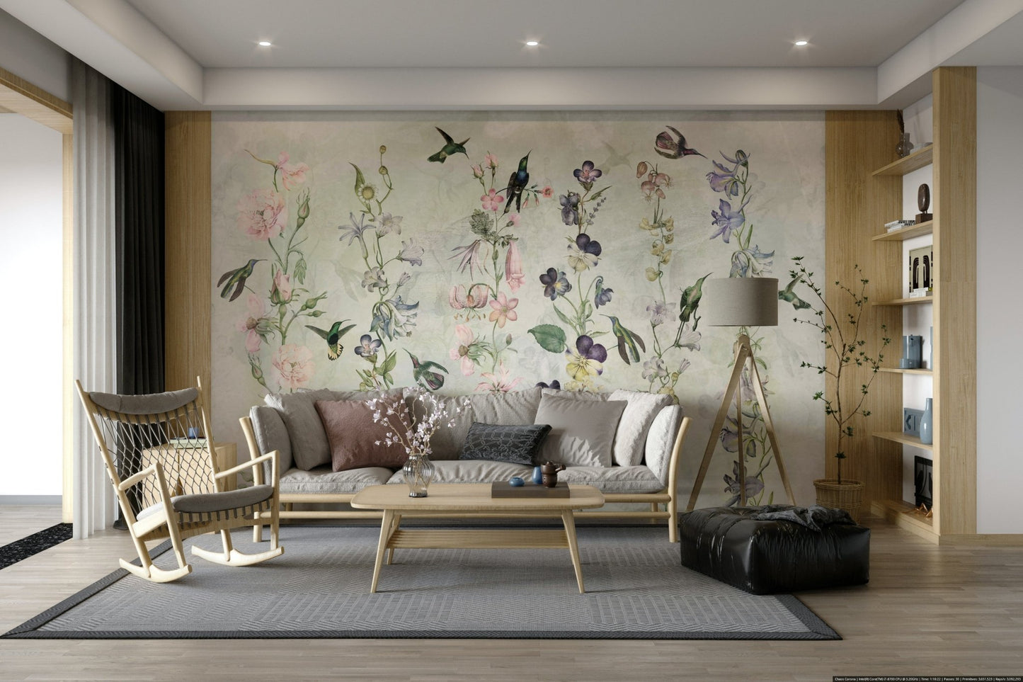 Tranquil garden mural featuring vibrant flowers and plants

