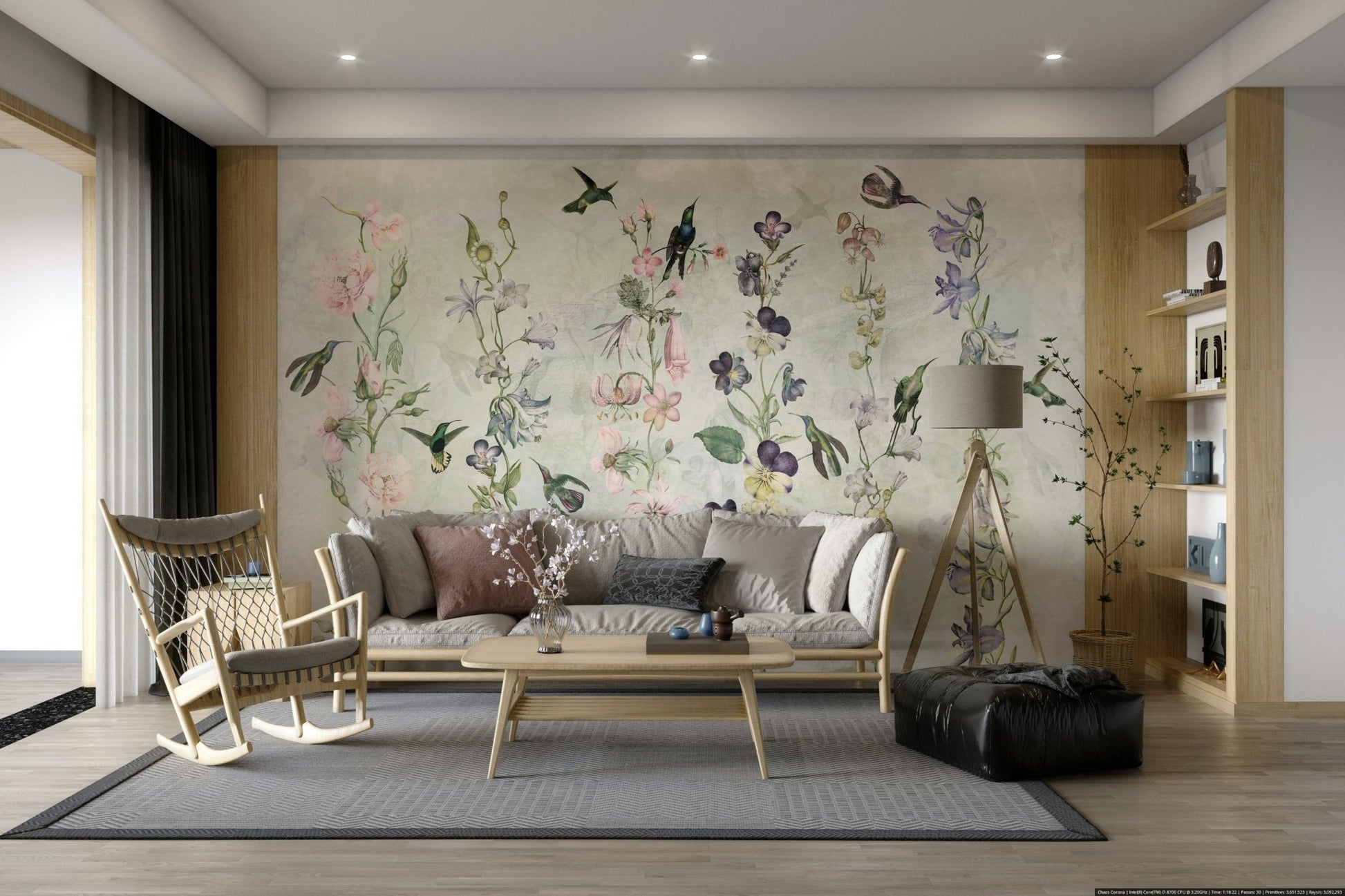 Tranquil garden mural featuring vibrant flowers and plants

