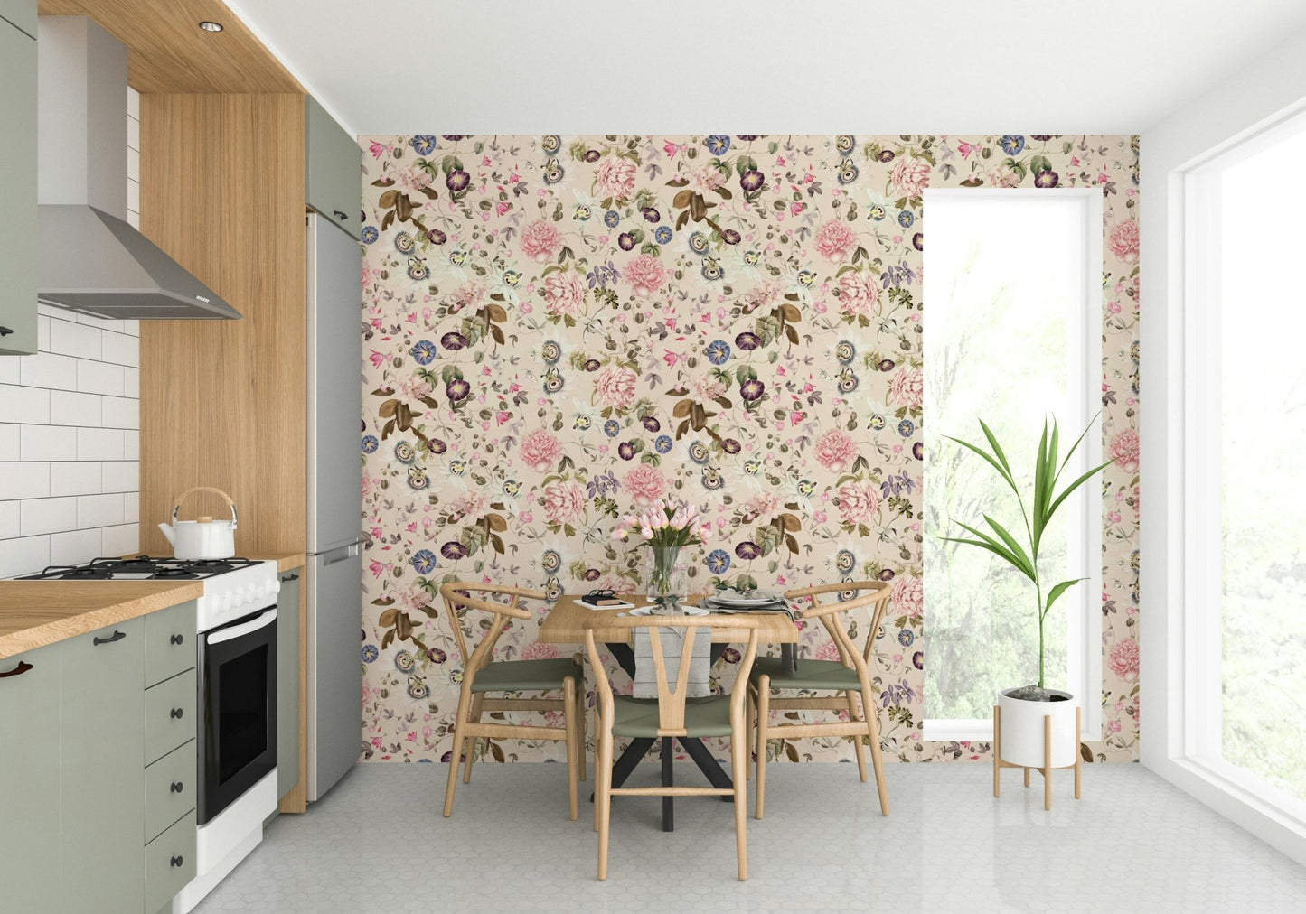 Tranquil garden landscape wallpaper for a serene room.

