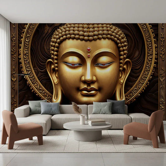 Modern living room featuring Serene Gold Buddha Wall Mural with metallic tones.